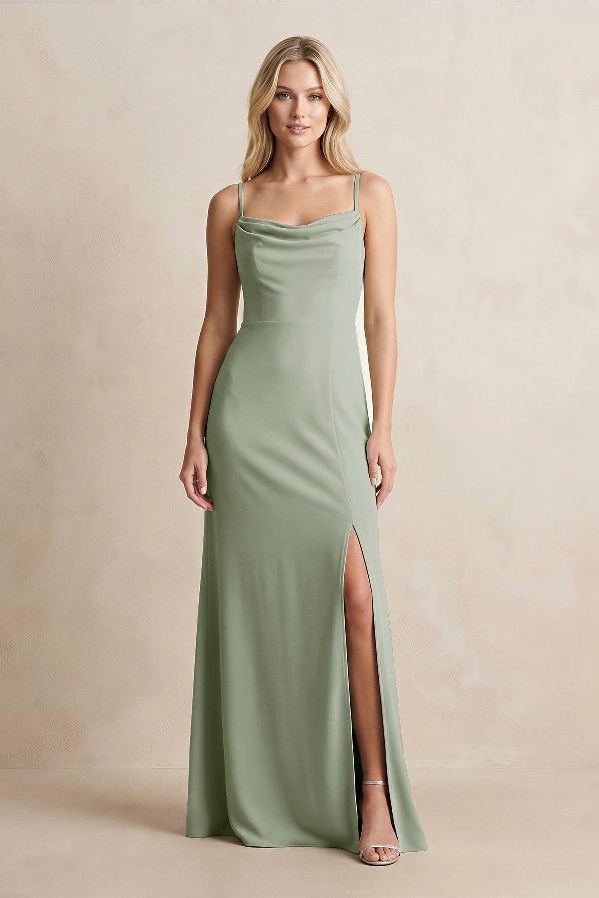 Spaghetti Straps Sheath Satin Bridesmaid Dress With Slit in Dove Gray