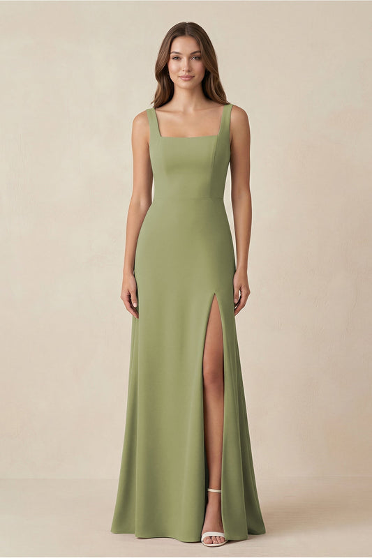 Square Neck A-Line Bridesmaid Dress With Slit in Moss Green