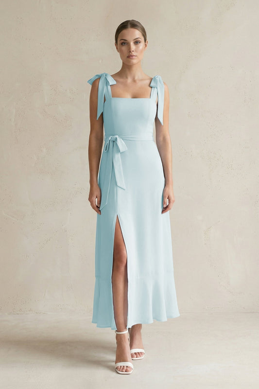 Square Neck A-Line Chiffon Midi Bridesmaid Dress with Bow in Sky Blue