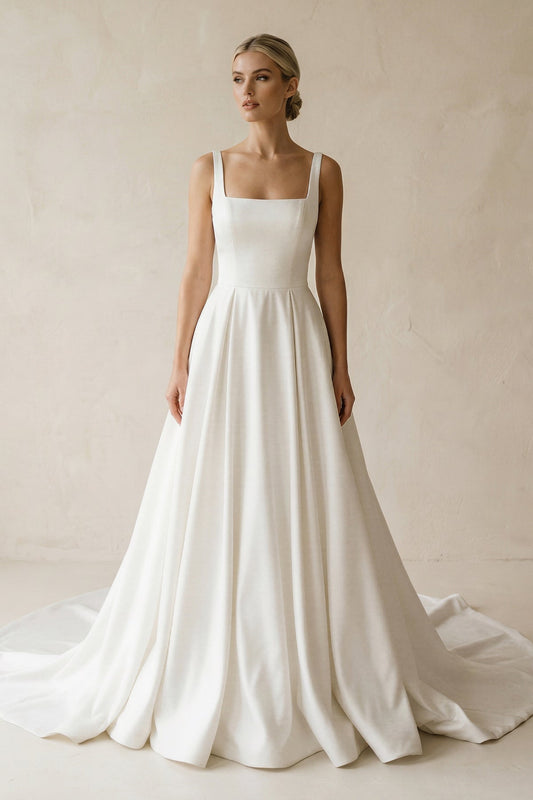 Square Neck Satin A-Line Ruched Wedding Dress in White