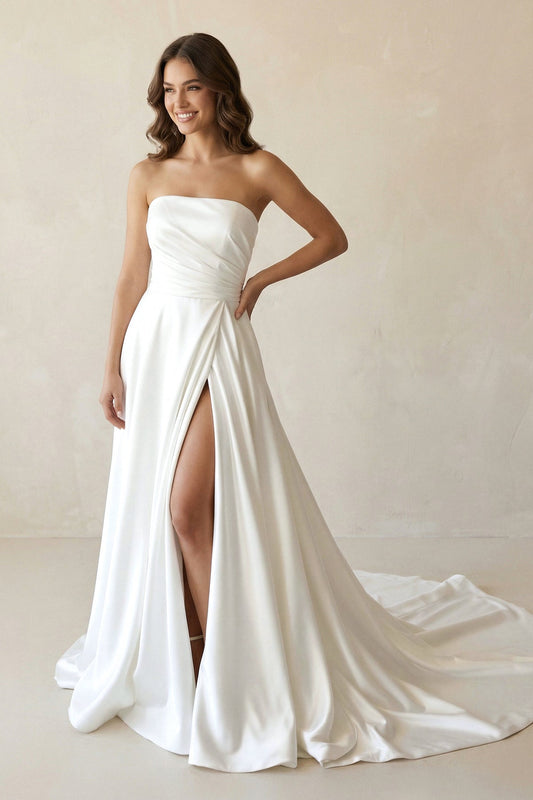 Mermaid White Satin Strapless A-Line Wedding Dress with Slit