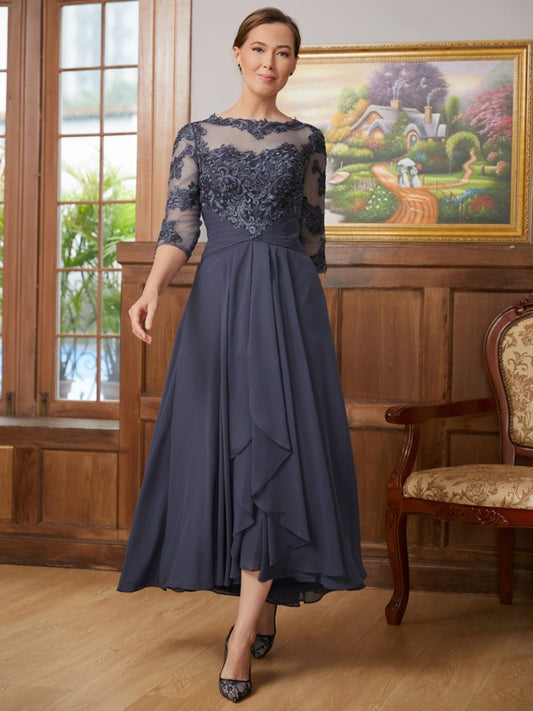 Vestidos de madre de la novia asimétricos de corte A/princesa, de gasa, con apliques y escote redondo y mangas 3/4