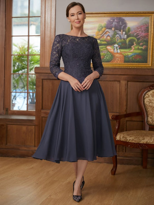 Vestidos de madre de la novia de corte A/princesa, de gasa, encaje, escote redondo, mangas 3/4 y largo hasta la rodilla