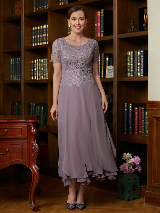 Vestidos para madre de la novia de corte A/princesa, de gasa, encaje, escote redondo, mangas cortas y largo hasta los tobillos
