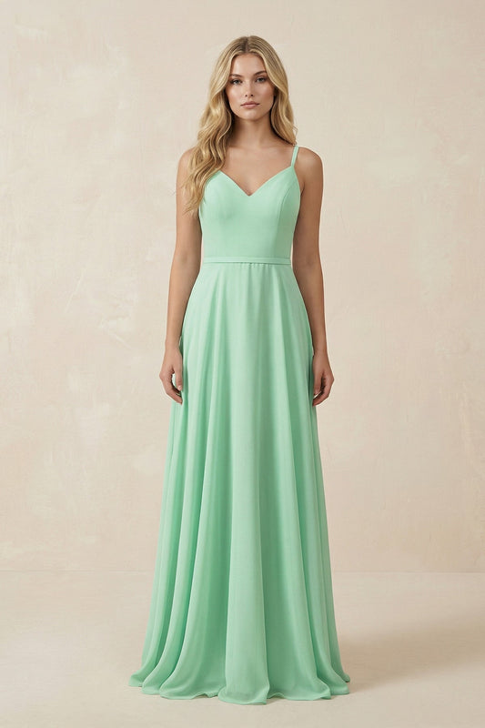 V-Neck A-Line Chiffon Bridesmaid Dress with Crisscross Back in Pale Pistachio