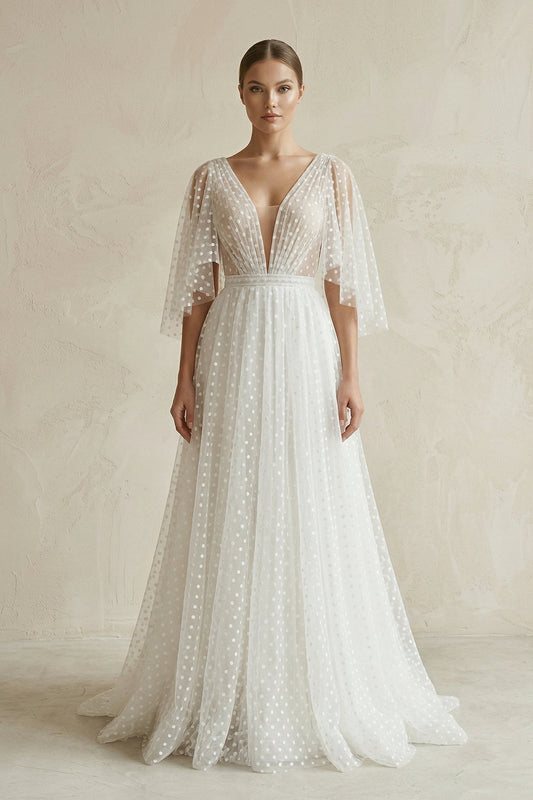 V Neck A-Line Tulle Ruched Wedding Dress With Polka Dot in White