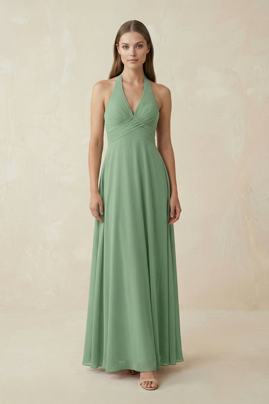 V-Neck Pleated A-Line Chiffon Bridesmaid Dress in Sea Glass