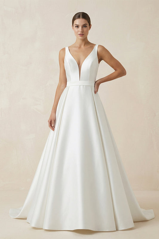 Ivory A-Line Deep V-Neck Long Wedding Dress with Bowknot
