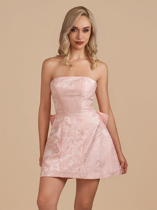 Pink - Strapless Jacquard A Line Homecoming Dress With Bowknot