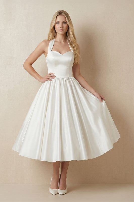White A-Line Halter Sleeveless Tea Length Satin Bridal Gowns With Bow(s) Pleats