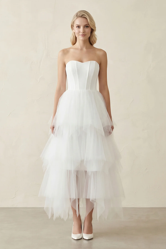 White Classic Strapless Satin High Low Wedding Dress
