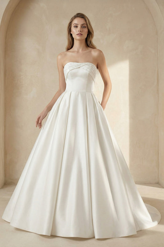 White Strapless Bow-Back Pearls Ball Gown Wedding Dress