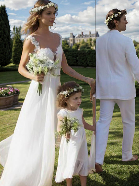 Vestidos de novia de gasa con encaje, corte A/princesa, tirantes finos, sin mangas, cola larga