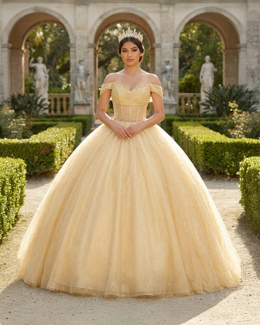 Yellow Ball Gown Tulle Off-the-Shoulder Quincenara Dresses