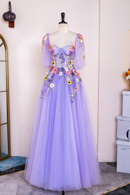 Lavendelfarbenes Blumenapplikationen-Puffärmel-A-Linien-Kleid mit langen Ball- und Partykleidern