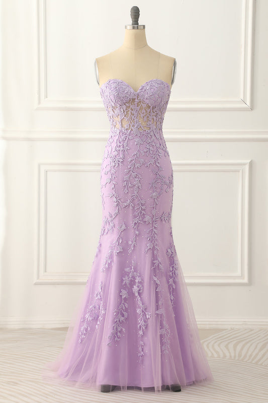 Vestido de fiesta de sirena sin tirantes color lavanda con apliques, vestidos de noche formales