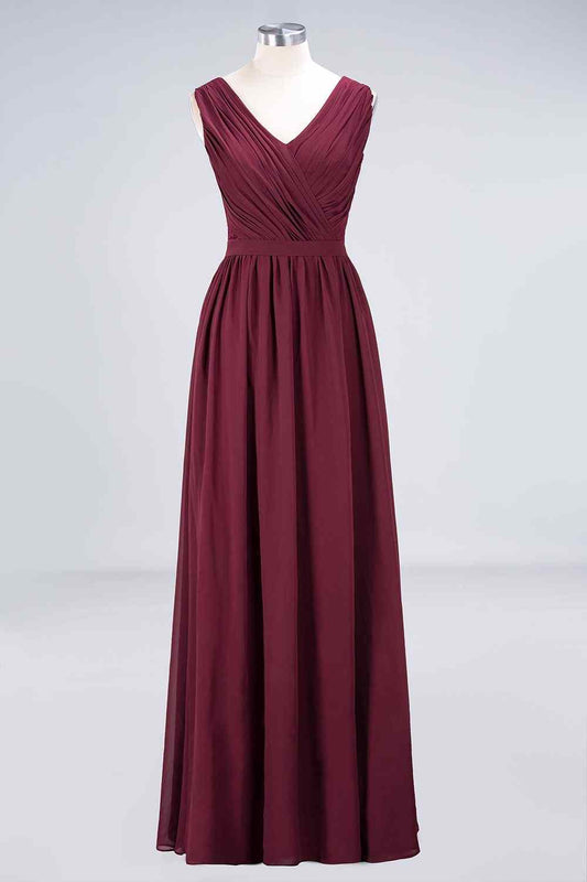 Burgunderrotes A-Linien-Kleid mit V-Ausschnitt und plissiertem Chiffon, langes Brautjungfernkleid, Abschlussball- und Abendkleid