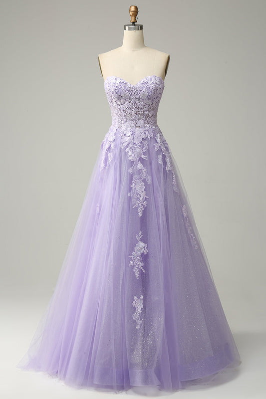 Lavender A-line Appliques Strapless Lace-Up Tulle Long Prom Dress Formal Evening Gowns