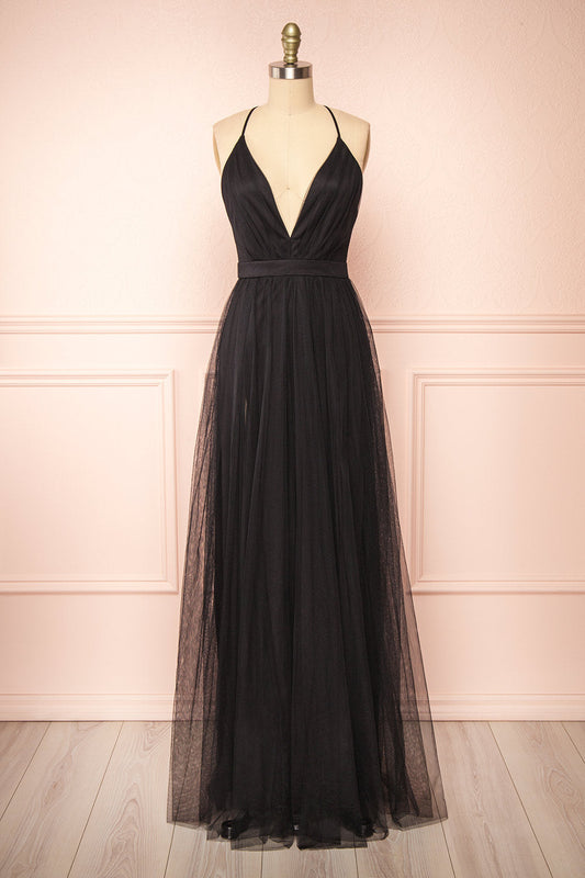 Black Plunging V Neck Crossed Back A-line Tulle Long Prom Dress Formal Evening Dresses