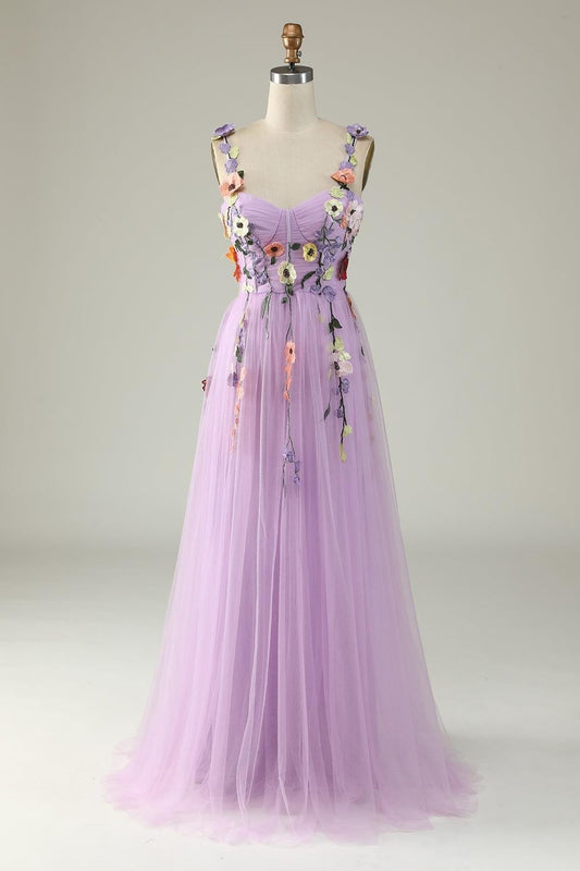 Lavender Flower Straps Appliques A-line Tulle Long Prom Dress Formal Evening Gowns