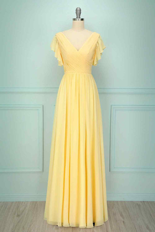 Vestido largo de dama de honor de gasa plisada con cuello en V, corte A, color amarillo claro, con volantes, para noche formal y baile de graduación