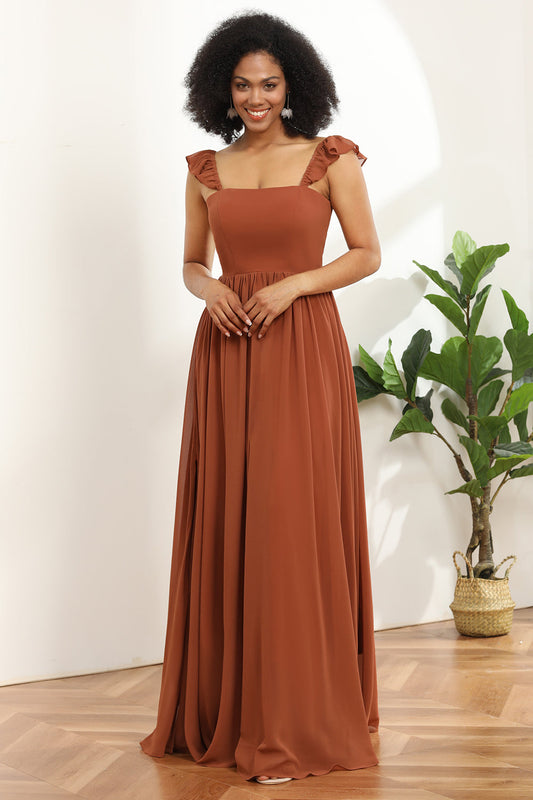 Vestido de dama de honor de gasa color terracota, corte A, largo hasta el suelo, con volantes, para noche formal