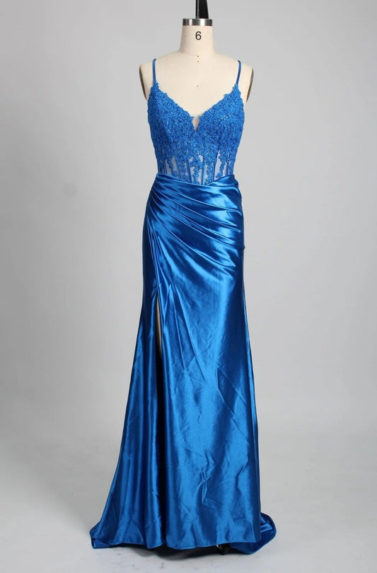 Straps Appliques Satin Mermaid Prom Party Dress With Slit Formal Evening Gowns