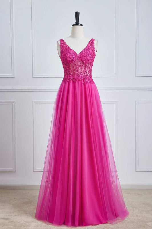 Fuchsia Tiefer V-Ausschnitt Blumenmuster A-Linie Langes Ballkleid Partykleid Abendkleid