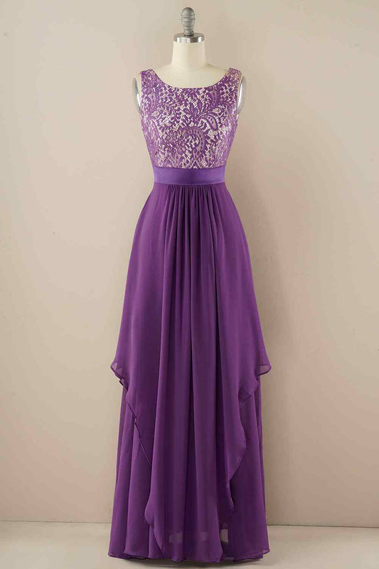 A-line Jewel Lace V Back Chiffon Hi-Low Bridesmaid Dress Prom Evening Gowns