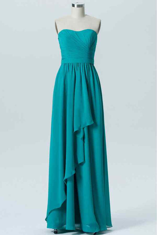 Vestido largo de dama de honor de gasa plisada, sin tirantes y con volantes, corte en A, color jade, para fiesta de graduación y noche.