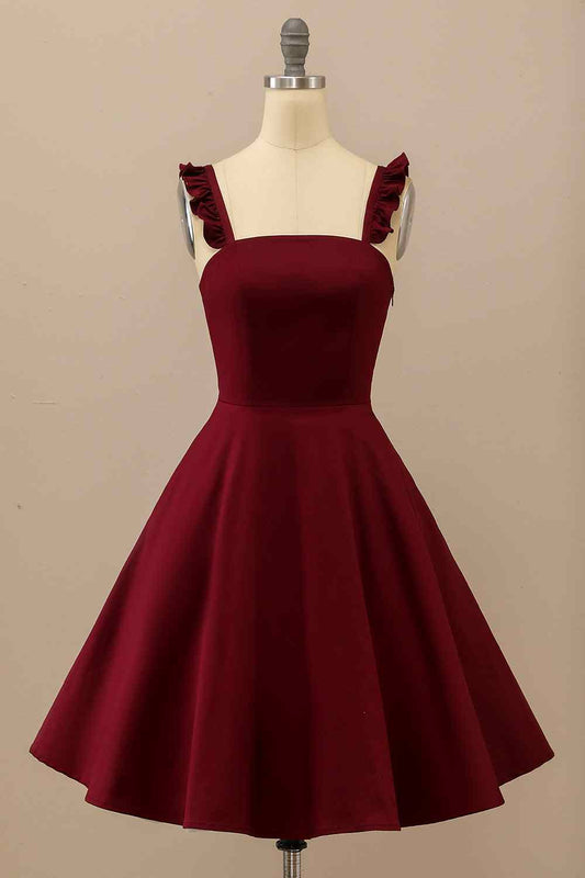 Burgunderrotes A-Linien-Kleid mit Rüschenträgern aus Satin, Mini-Kleid für Heimkehr, Party, Abschlussball, Cocktail, Hochzeitsgäste