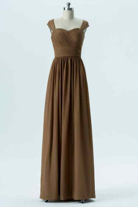A-line Cap Sleeves Pleated Keyhole Chiffon Long Bridesmaid Dress Prom Evening Gowns