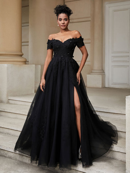 Vestido de novia negro con abertura y hombros descubiertos, corte A