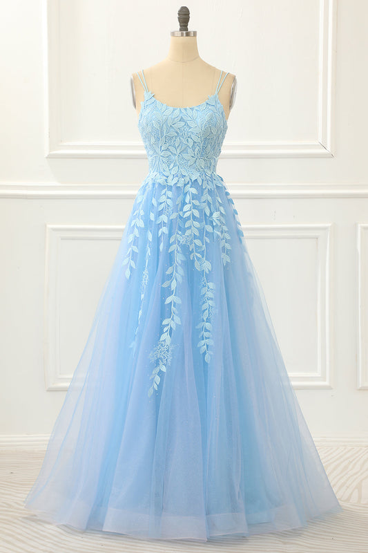 Vestido de fiesta de tul azul con espalda en A y cordones, con apliques, para noche formal