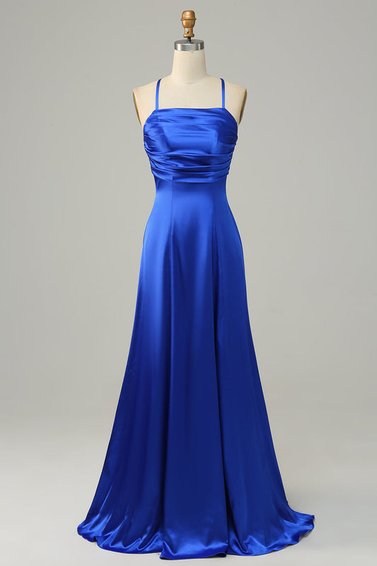 Vestido de dama de honor largo azul real con cuello halter y corte A, vestidos de noche formales.
