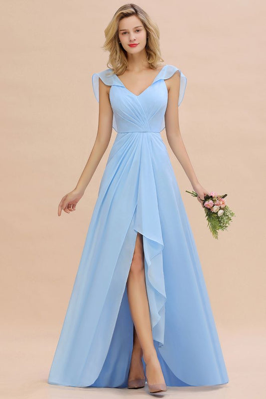 Charming Cap Sleeves Ruffle Chiffon Hi-Lo Bridesmaid Dress Elegant Wedding Party Evening Dress
