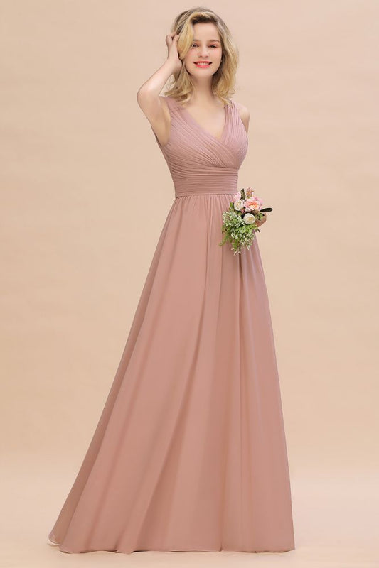 Elegante vestido de dama de honor rosa empolvado con escote en V y volantes en oferta. Vestido de fiesta de noche.