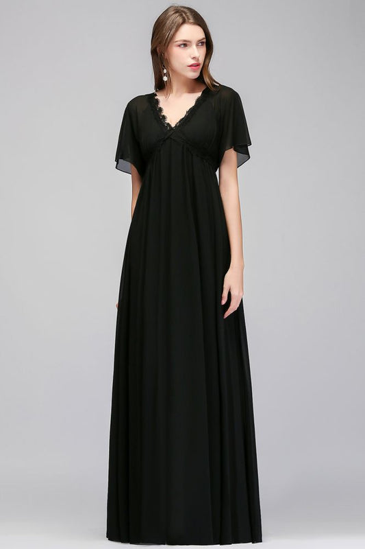 Classic Black Chiffon Elegant Bridesmaid Dress V-Neck Long Formal Evening Dresses