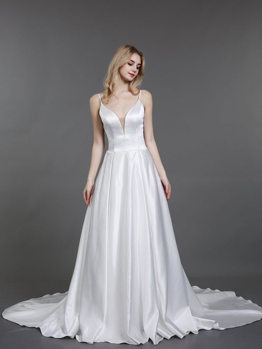Spaghetti Strap Simple Satin Bridal Gown-Ivory Bridal Gowns Wedding Dresses