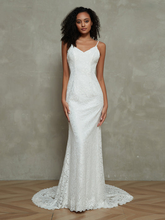 Vestidos de novia sencillos de encaje y sirena con tirantes finos - Vestidos de novia color marfil