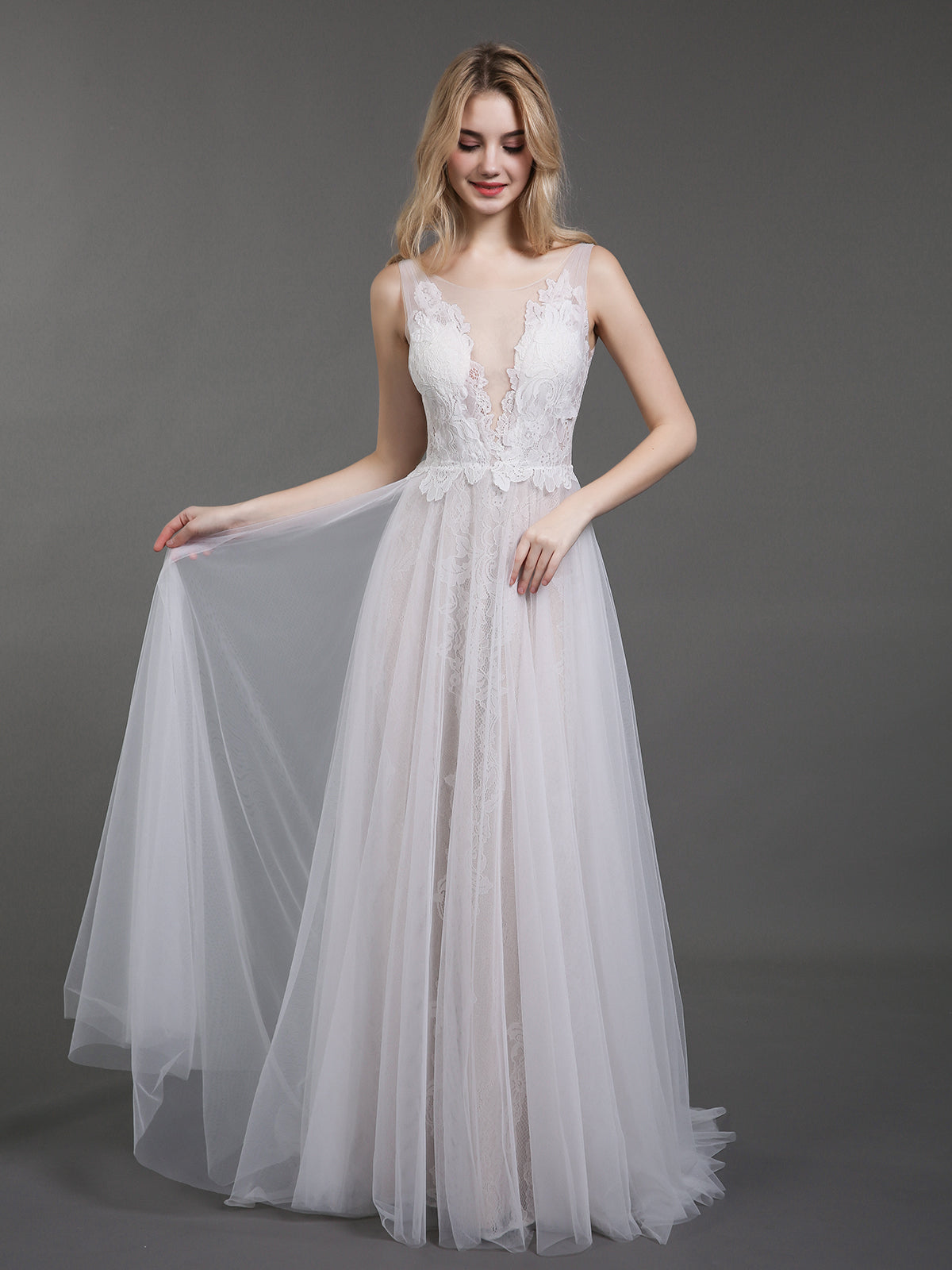 Lace and Tulle Simple Beach Wedding Dress-Ivory Bridal Gowns Dresses kingbridals Lace and Tulle Simple Beach Wedding Dress-Ivory Bridal Gowns Dresses kingbridals