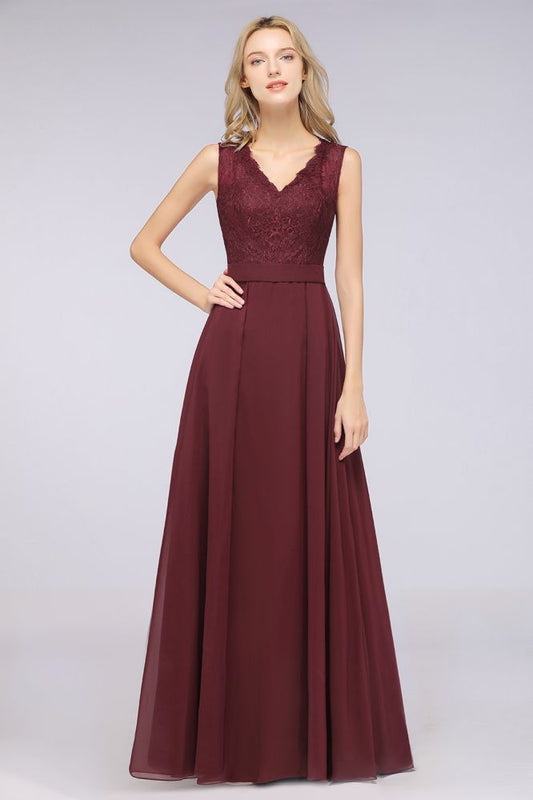 Elegant Chiffon Lace Sleeveless V-Neck Long Bridesmaid Dresses with Ruffles Formal Evening Gowns