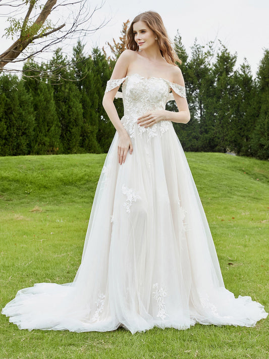 Vestido de novia con hombros descubiertos, corpiño de encaje y apliques - Marfil/Champán