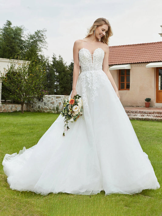 Strapless Plunging V-Neck Lace Bodice Bridal Gown-Ivory Bridal Gowns Wedding Dresses
