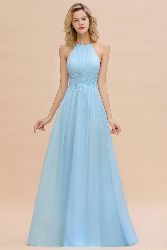 Hermoso vestido de dama de honor de playa con cuello halter y espalda descubierta, de gasa, para fiesta de boda en el jardín.