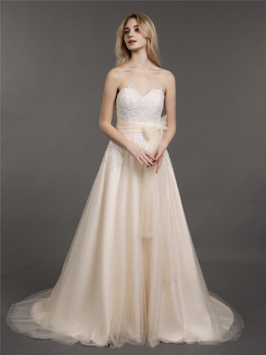 Strapless Sweetheart Neck Bridal Gown with Bow-Champagne Bridal Gowns Wedding Dresses