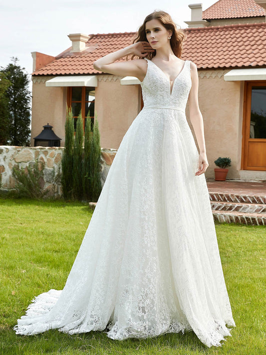 Plunging V-Neck Lace Sweep Train Bridal Gown Ivory Bridal Gowns Wedding Dresses