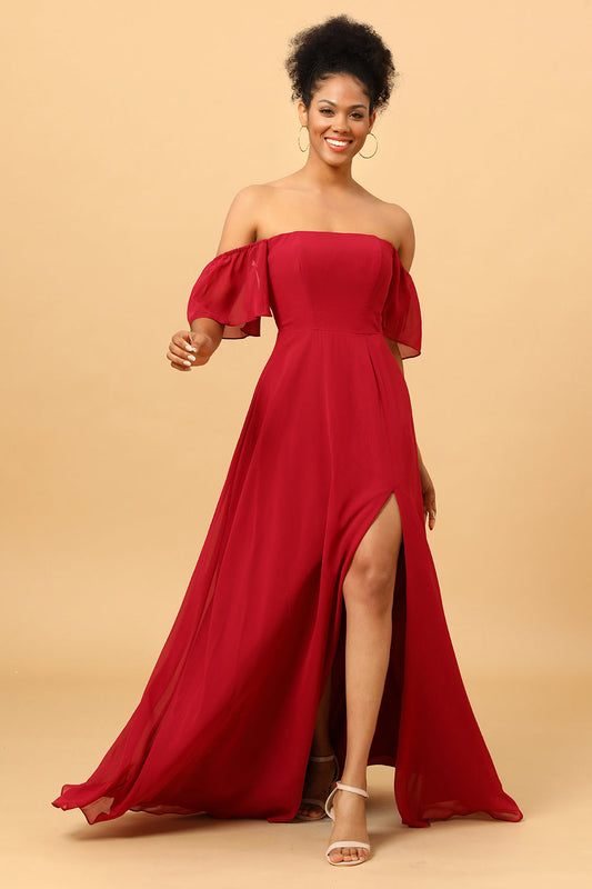 Vestido de dama de honor de gasa burdeos con hombros descubiertos y abertura, vestidos de noche formales, vestidos de fiesta