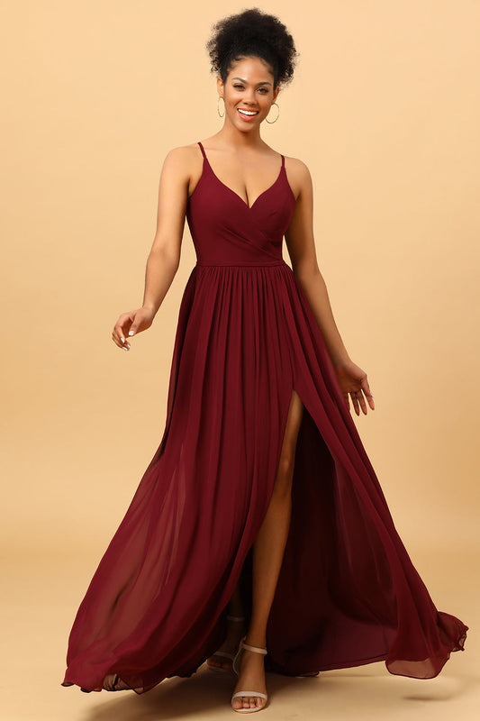 A-Line Chiffon Burgundy Bridesmaid Dress with Slit Formal Evening Dresses Prom Gowns