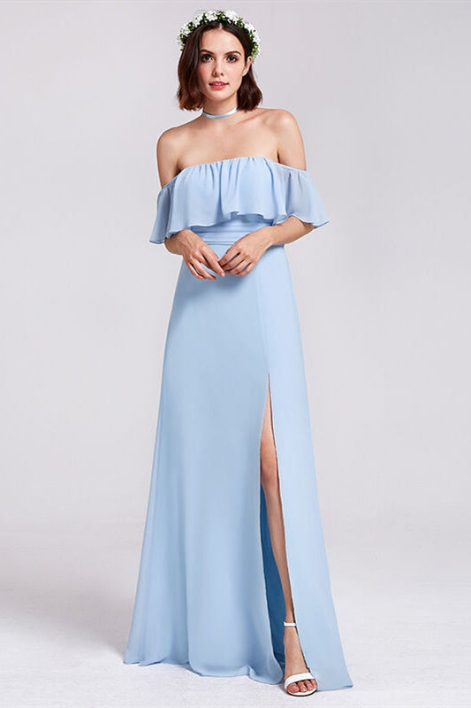 Vestido de dama de honor azul con hombros descubiertos de princesa, vestidos formales de noche para graduación